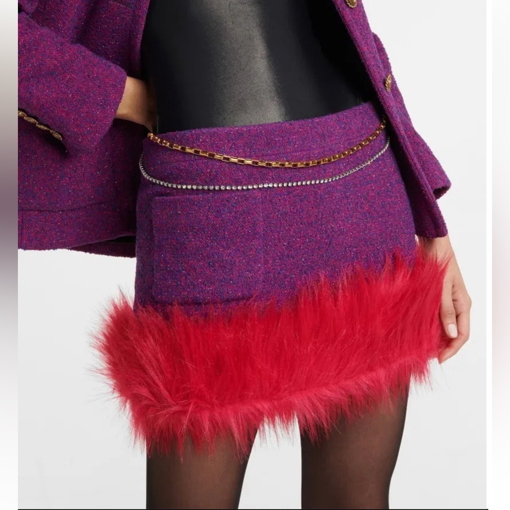NEW Saint Laurent Tweed Faux Fur Trim Mini Skirt Purple Pink Size 2